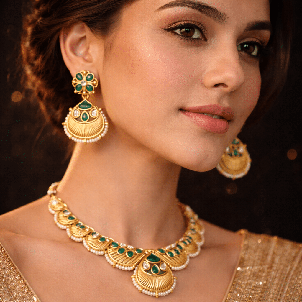 Designer Filigree Gold Necklace Set with Earrings .