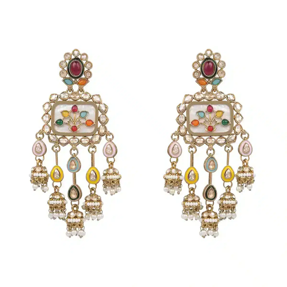 Multicolor Kundan Chandbali Earrings with Pearl Drops