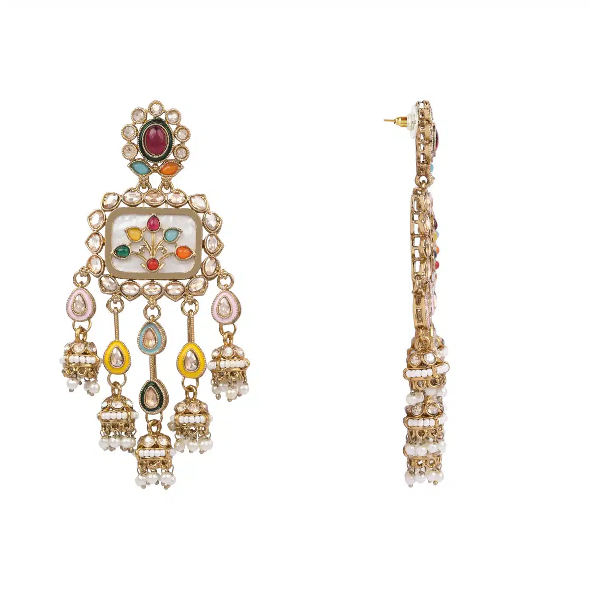 Multicolor Kundan Chandbali Earrings with Pearl Drops