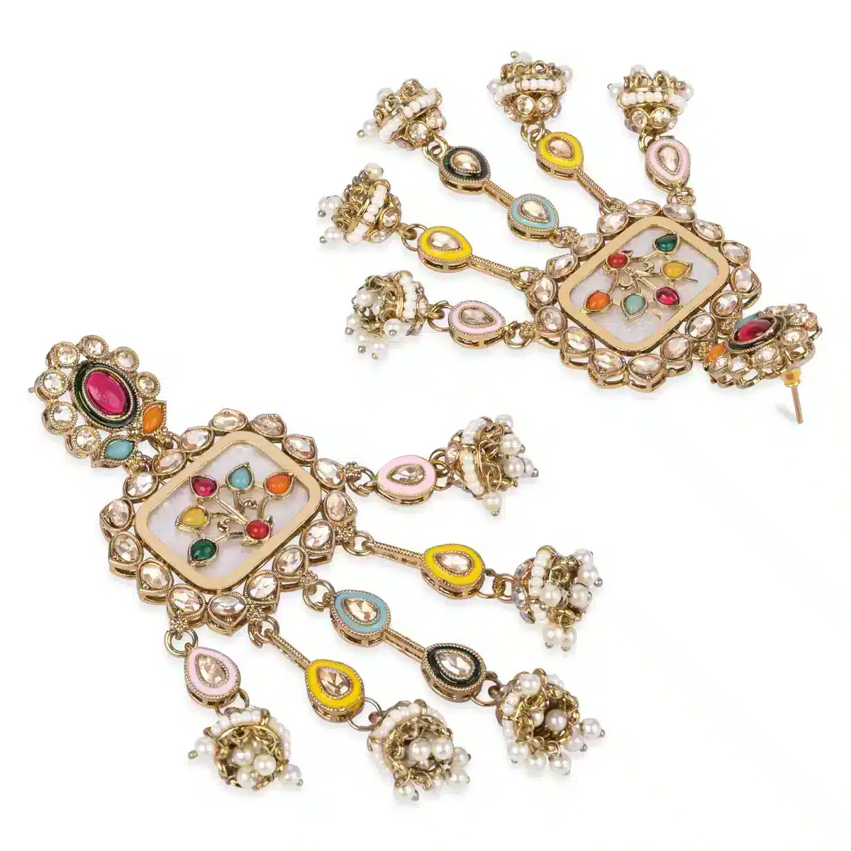 Multicolor Kundan Chandbali Earrings with Pearl Drops