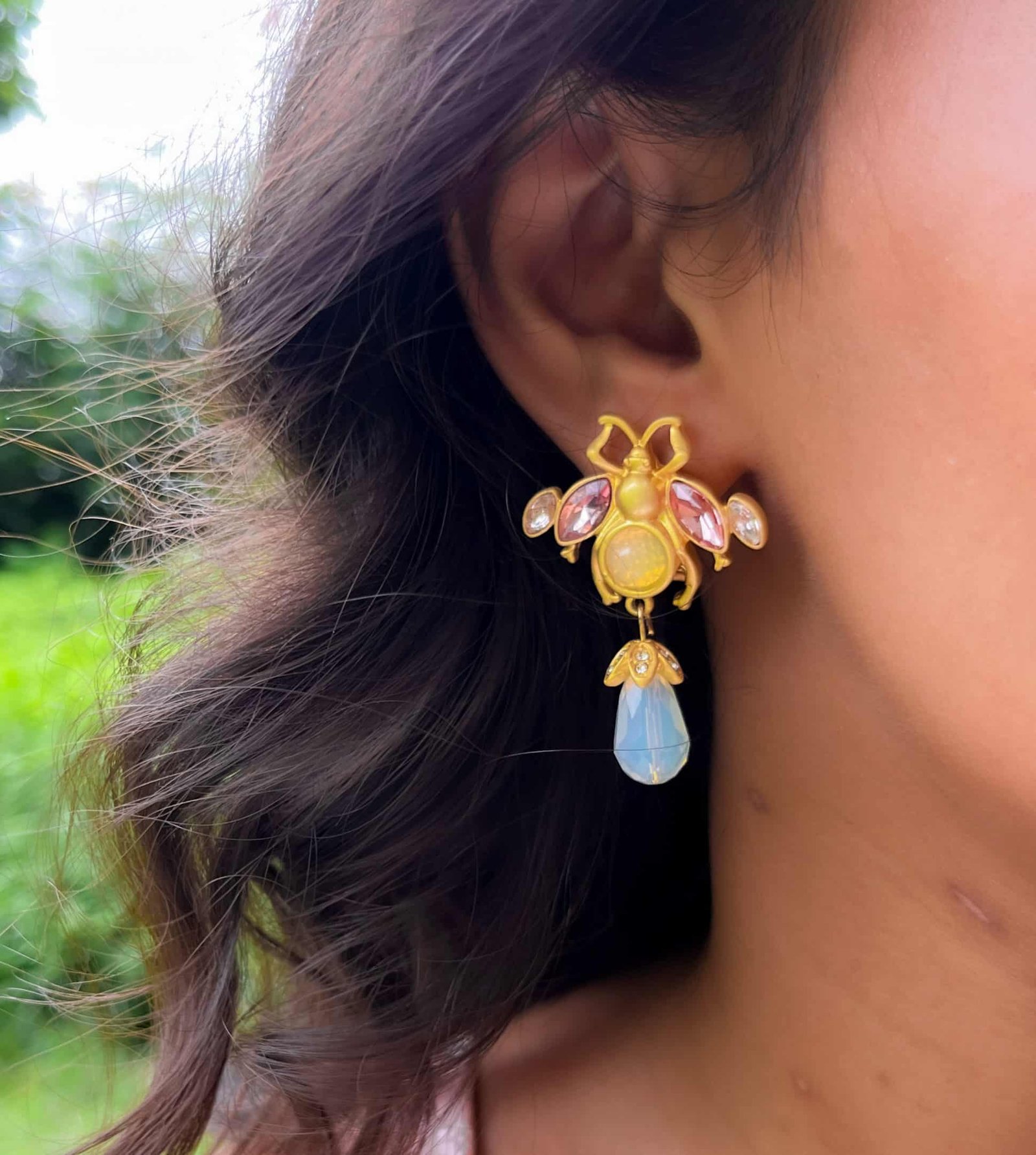 Gold Bee Earrings with Gemstone Wings and Crystal Drop
