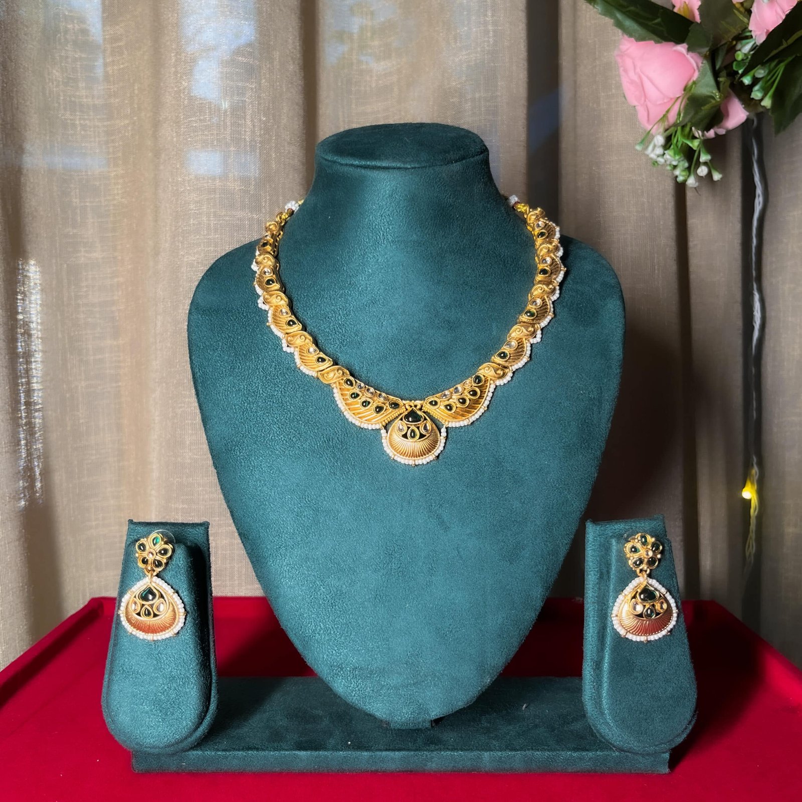 Designer Filigree Gold Necklace Set with Earrings .