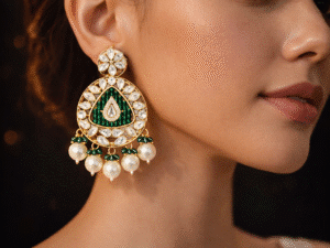 Emerald kundan pearl chandelier earrings for women