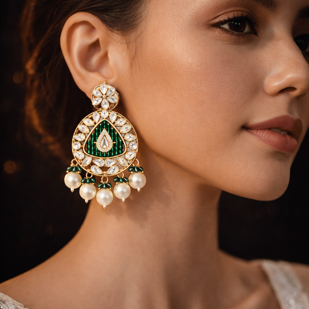Emerald kundan pearl chandelier earrings for women