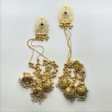 “Kashmiri earrings with long pearl chains and golden jhumka design”