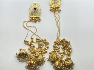 “Kashmiri earrings with long pearl chains and golden jhumka design”