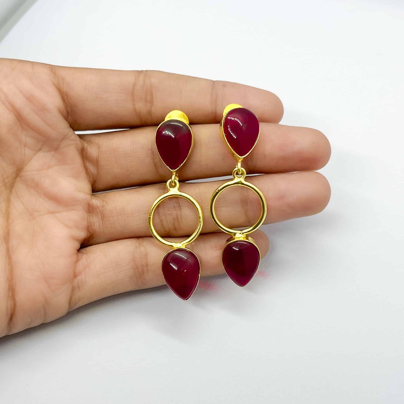 Gold Plated Red Stone Drop Earrings