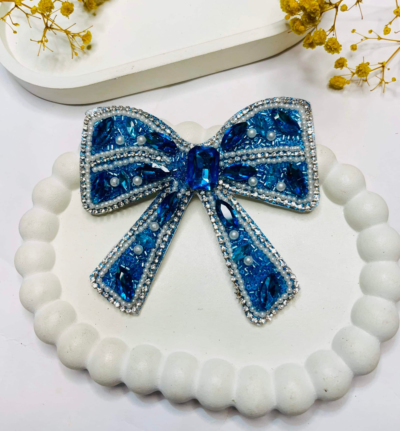 Crystal Rhinestone Blue Beaded Hair Bow Clip
