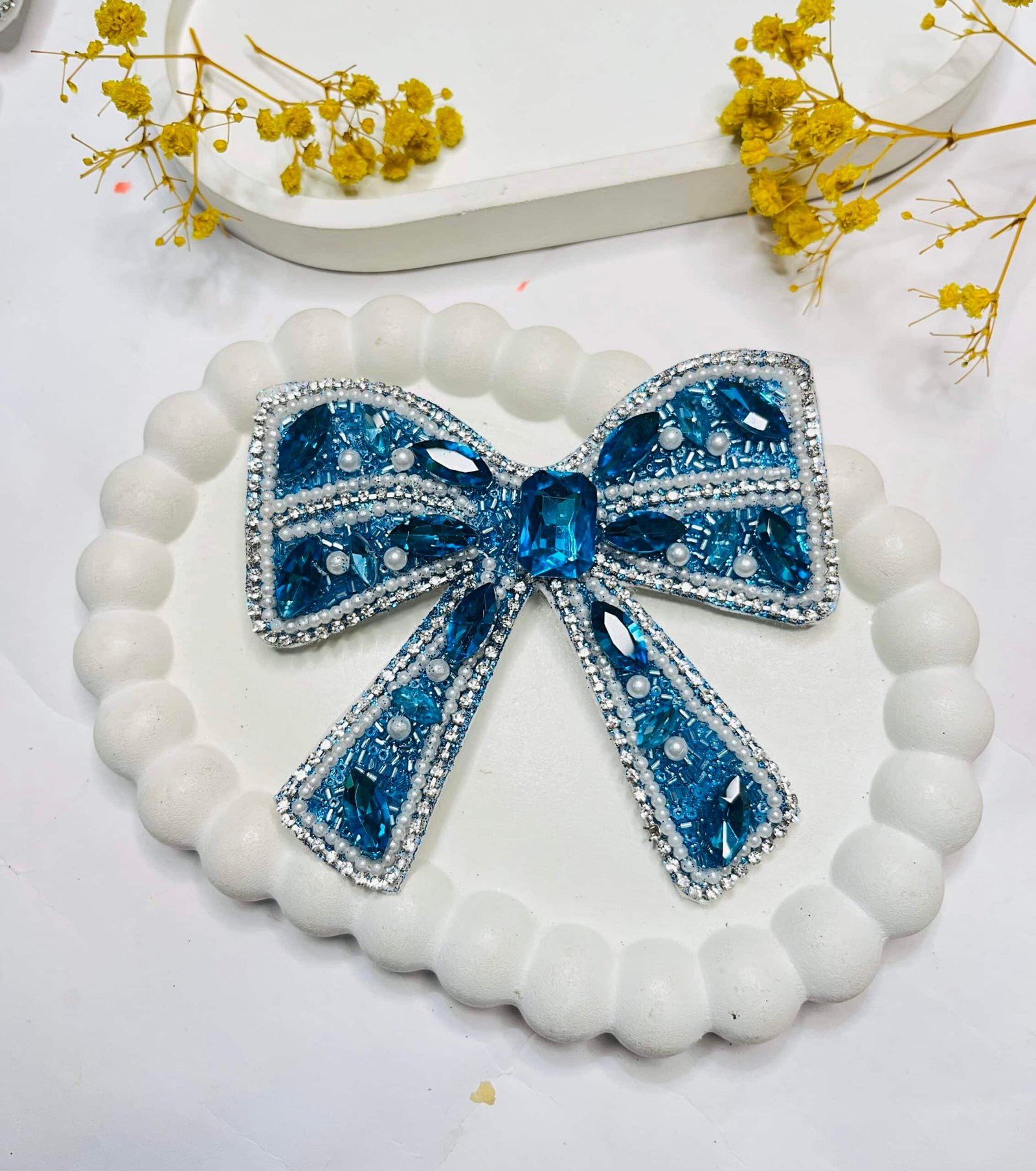 Crystal Rhinestone Blue Beaded Hair Bow Clip