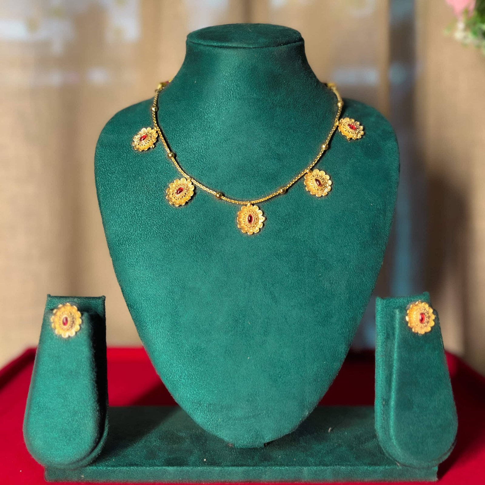 Red Stone Antique Necklace Set | Lightweight Traditional Jewelry for Women