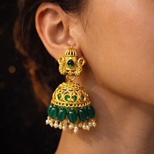 Royal Gold Jhumka Earrings with Green Beads for Women