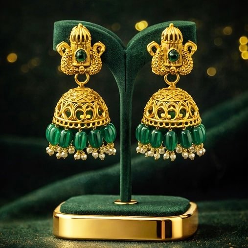 Royal Gold Jhumka Earrings with Green Beads for Women