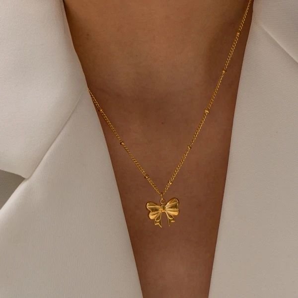 Anti Tarnish Bow Necklace for Women – Minimal Gold Bow Pendant Jewelry