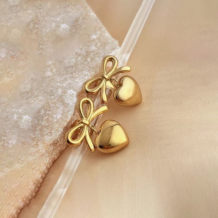 Gold Bow Heart Earrings for Women – Elegant Minimal Drop Jewelry