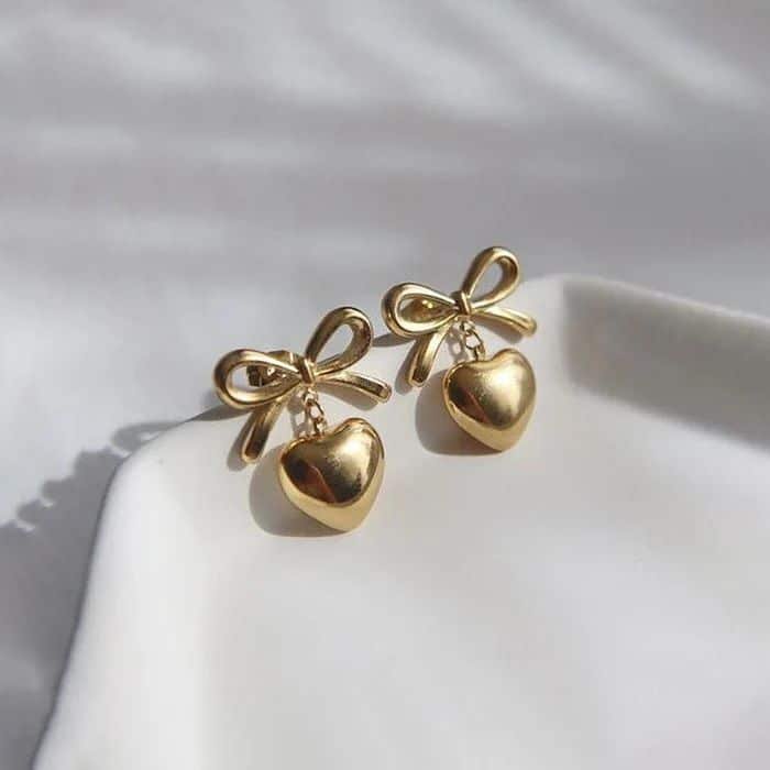 Gold Bow Heart Earrings for Women – Elegant Minimal Drop Jewelry
