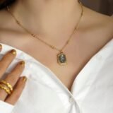 Anti tarnish rose pendant necklace for women with gold floral charm and beaded chain
