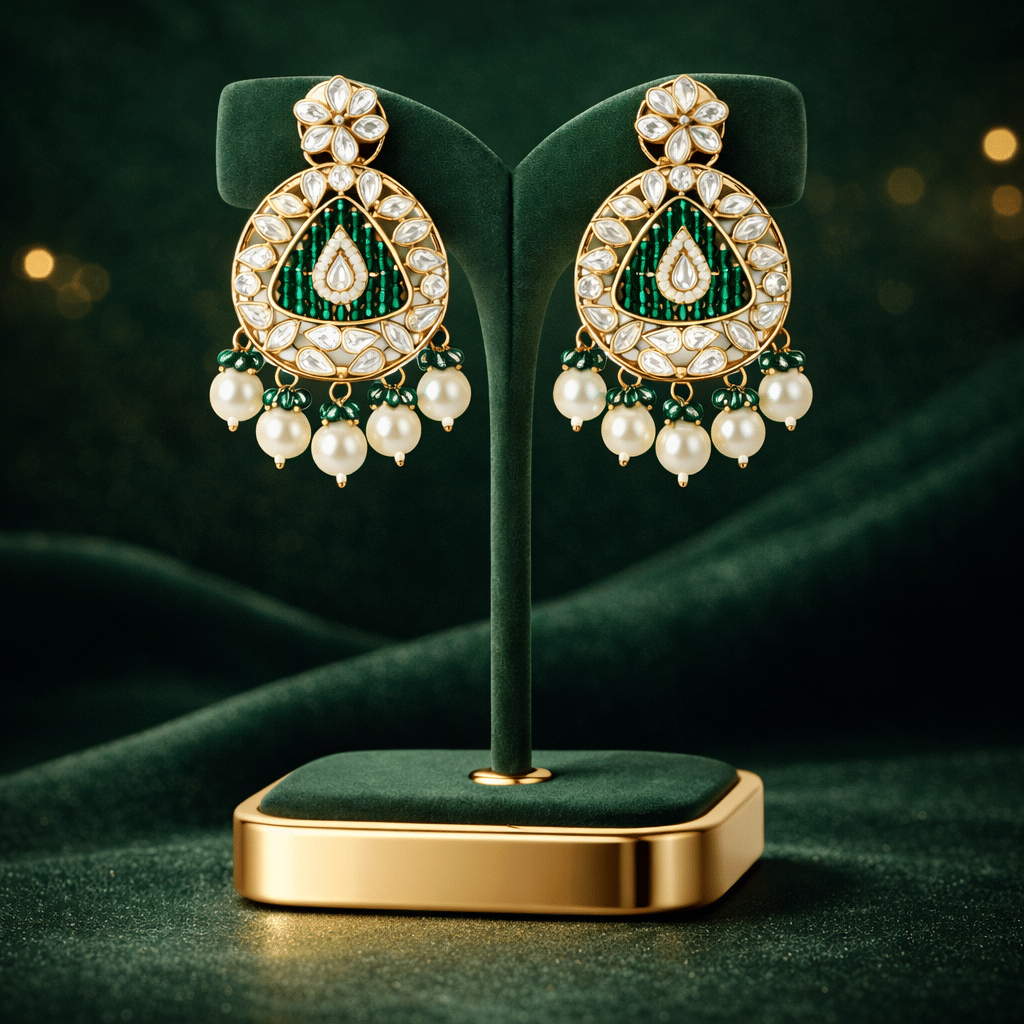 Emerald kundan pearl chandelier earrings for women