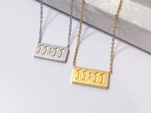 Anti tarnish 11:11 necklace for women with minimal gold rectangular pendant